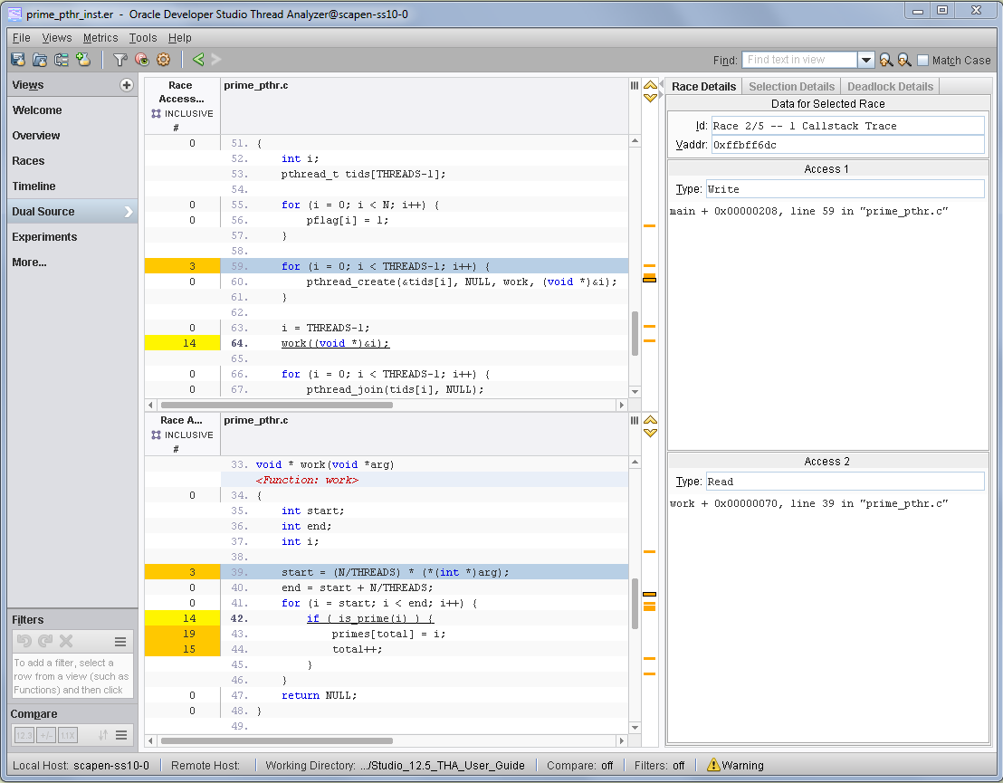 image:A screen shot of the Thread Analyzer window showing the                                           Dual Source view.