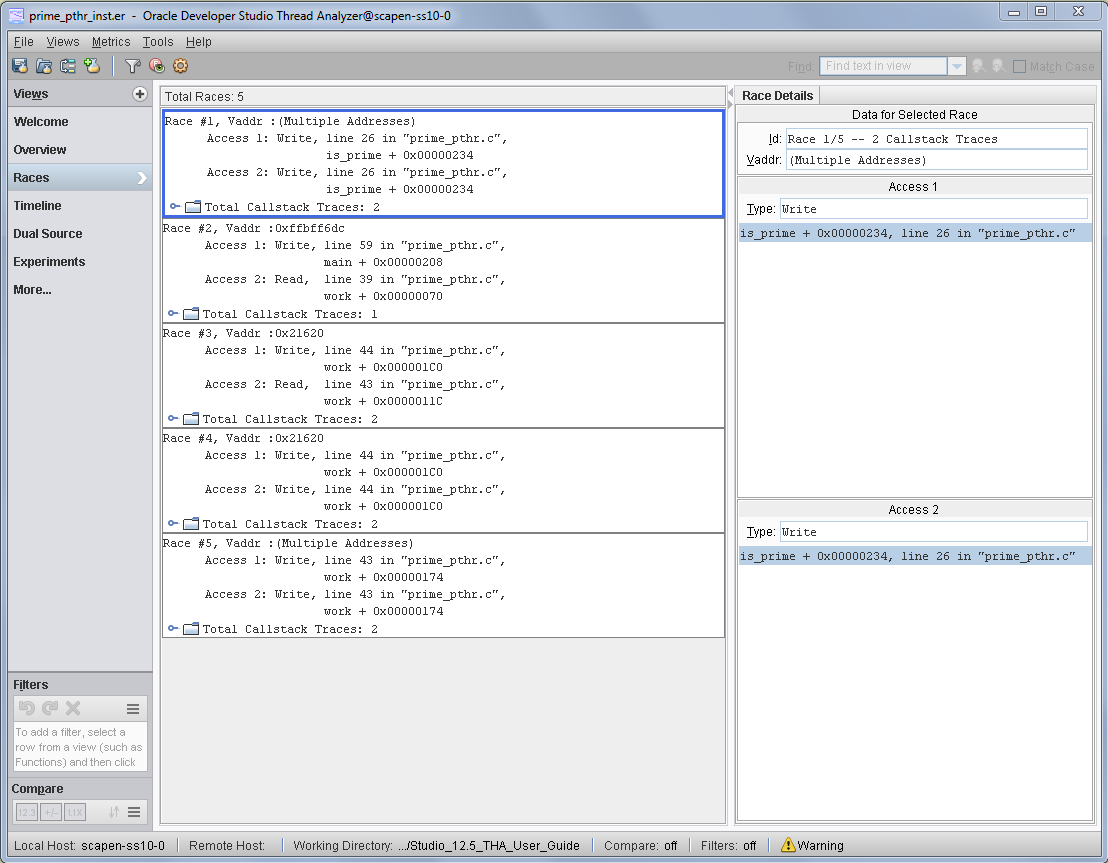 image:A screen shot of the Thread Analyzer window showing the                                           Races view for prime_pthr.c