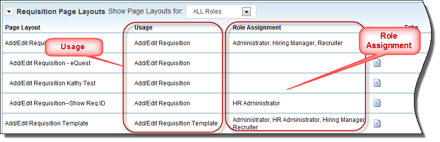 ページ・レイアウトのカスタマイズ・ページの「用途」および「ロールの割当」情報