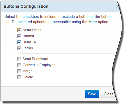 歯車アイコンにより、ボタン・バーに項目を追加および削除できます