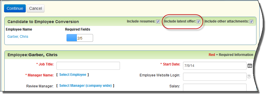 「候補者から従業員への変換」画面
