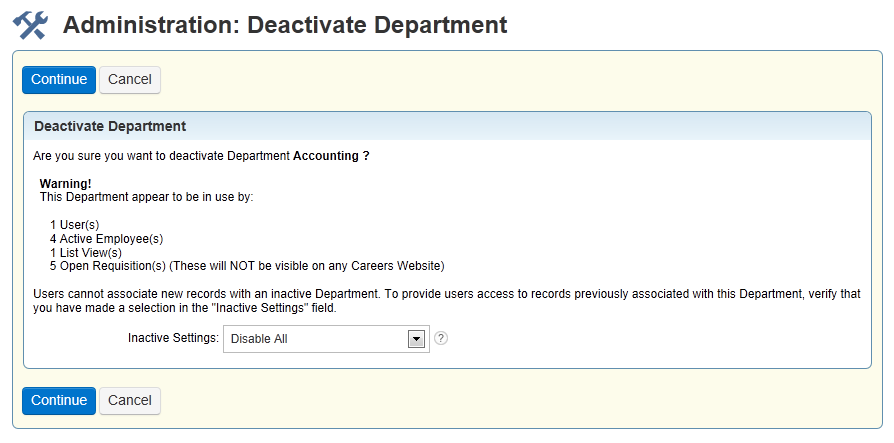 部門を非アクティブ化しようとしたときに表示される、どの文書でこの部門が使用されているかを説明する警告。