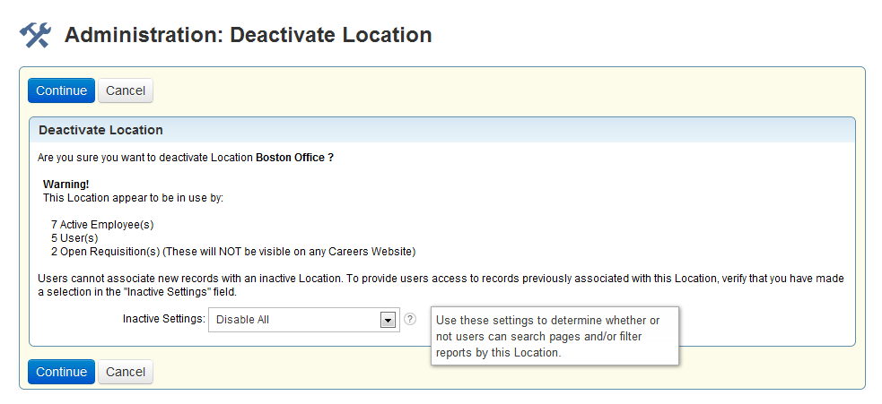 場所を非アクティブ化しようとしたときに表示される、どの文書でこの場所が使用されているかを説明する警告。
