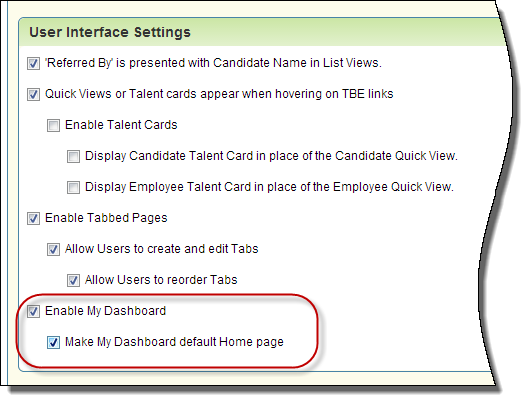 「「自分のダッシュボード」を使用可能にする」のオプション
