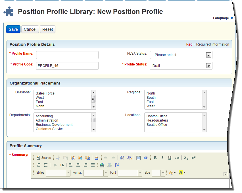 「新規ポジション・プロファイル」ページ