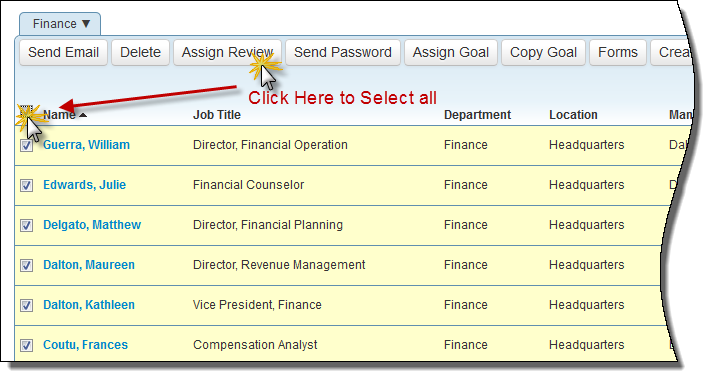 複数の従業員を選択してこのポジションのレビューに割り当てる例