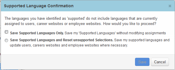 サポート対象言語に関する確認メッセージ