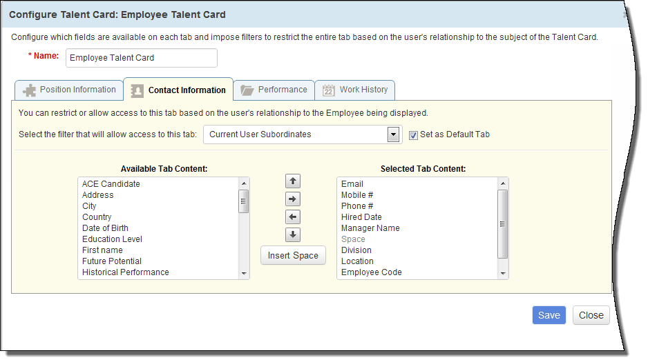 「従業員タレント・カード」構成ウィンドウ