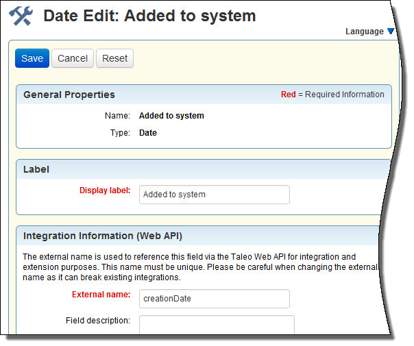 フィールドを編集する際に表示されるページ