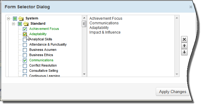ポジション・プロファイルのコンピテンシを選択するダイアログ