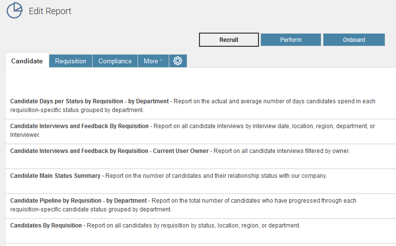 新規カスタム・レポートの作成時のタブ表示されたインタフェース