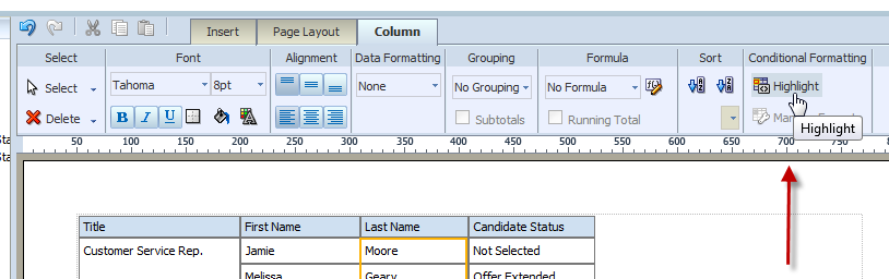 列のデータのハイライト表示