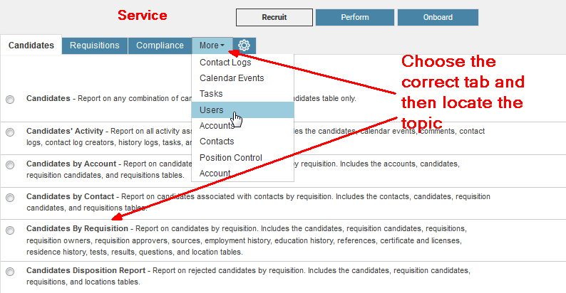 カスタム・レポート作成時のタブ表示されたインタフェース