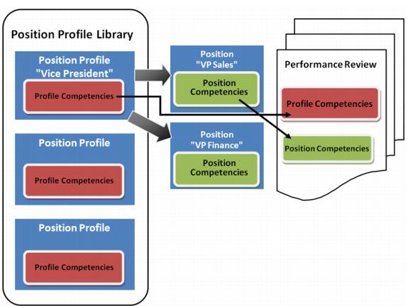 共有コンピテンシを保持するポジション・プロファイルと、そのプロファイルを指す固有のポジションの関係を示した図