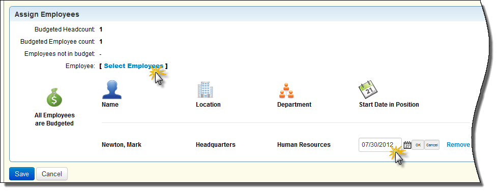 従業員をポジションに割り当てる際に表示されるダイアログ