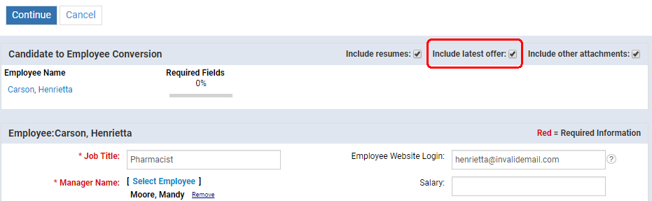 「候補者から従業員への変換」画面