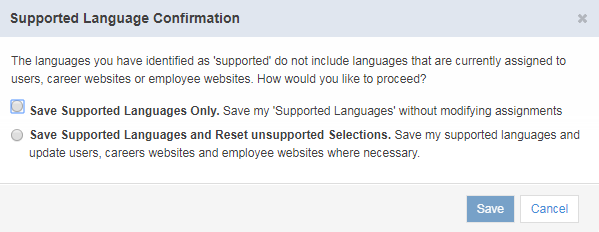 サポート対象言語に関する確認メッセージ