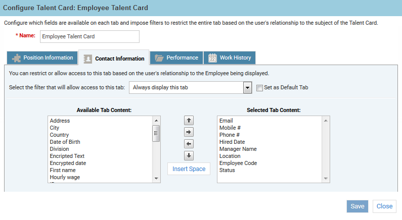 「従業員タレント・カード」構成ウィンドウ