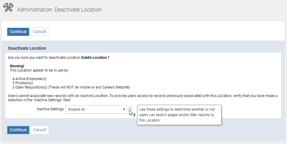場所を非アクティブ化しようとしたときに表示される、どの文書でこの場所が使用されているかを説明する警告。