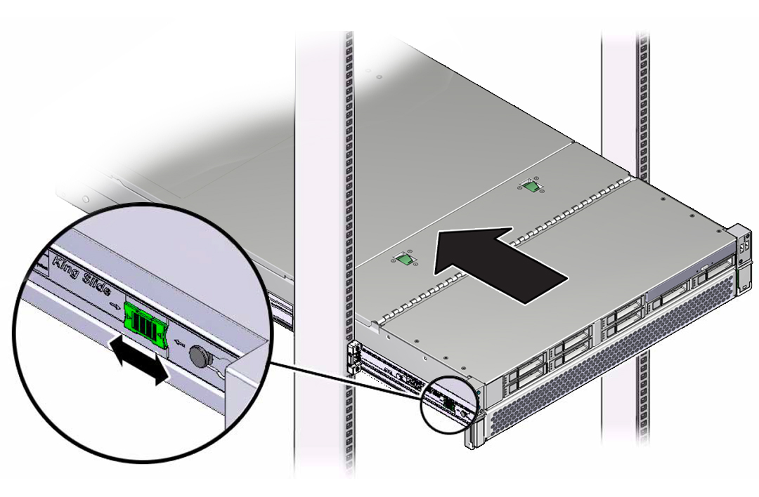 image:レールを解放してサーバーをラック内にスライドさせる方法を示す図。