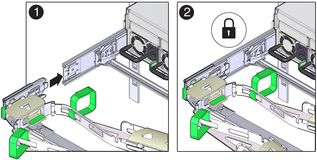 image:CMA のコネクタ D とそれに関連付けられたラッチ部品を左側スライドレールに取り付ける方法を示す図。