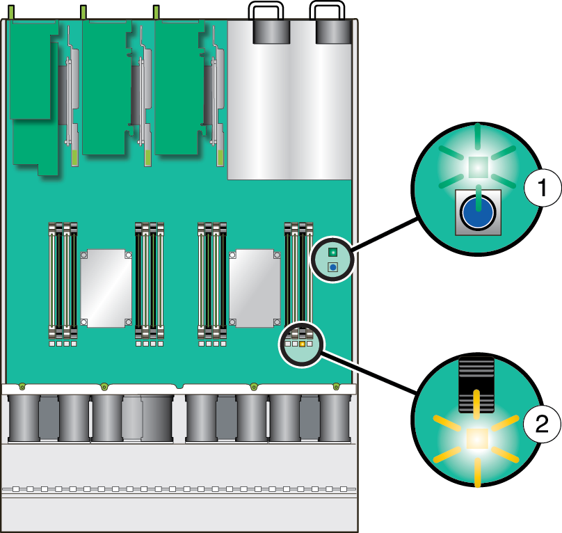 image:障害のある DIMM の横にある LED を点灯するボタンの位置を示す図。