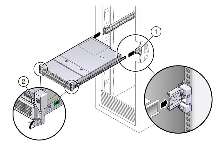 image:Figure illustrant le serveur avec les supports de montage fixés et alignés dans les glissières.