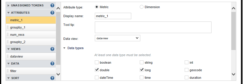 Shows a single metric with it's display name and data types configured.