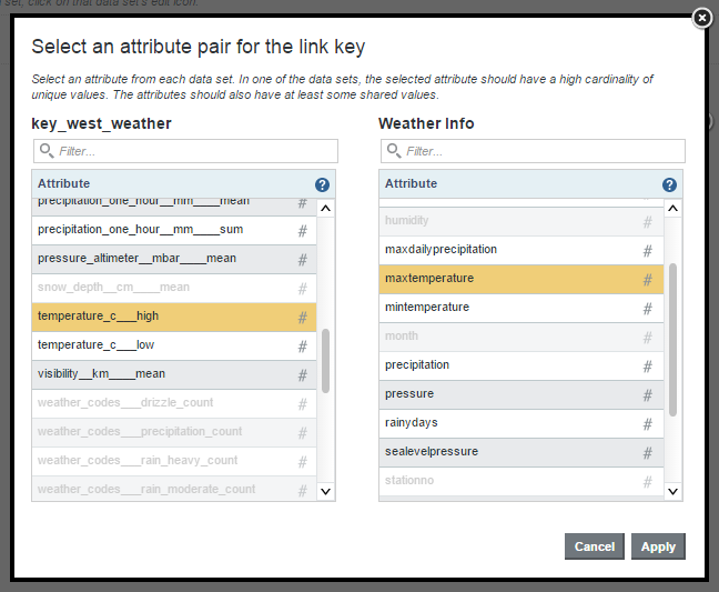 The attribute selection dialog with a pair of attributes selected.