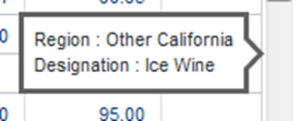 Scroll bar tooltip on the Pivot Table, showing the dimension values at that location
