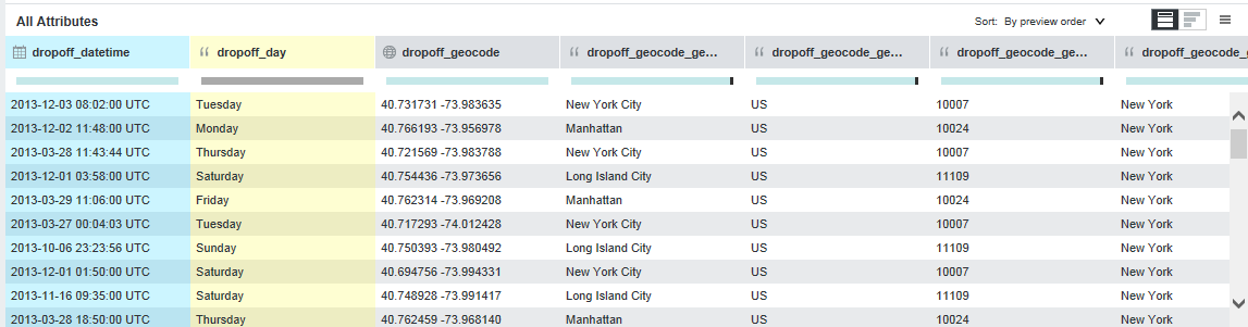 Shows an example of the resulting new new day attribute in the table view.