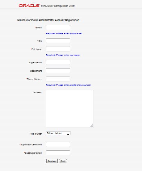 image:「MiniCluster インストール管理者アカウントの登録」ページを示す図。