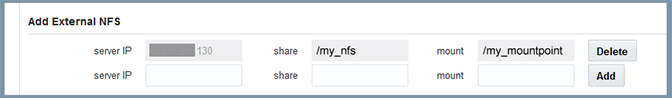 image:Capture d'écran illustrant la section Ajouter un NFS externe.