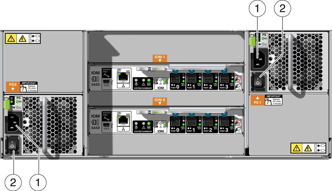 image:Figura en la que se muestra la ubicación de los interruptores y los conectores de alimentación en la matriz de almacenamiento.