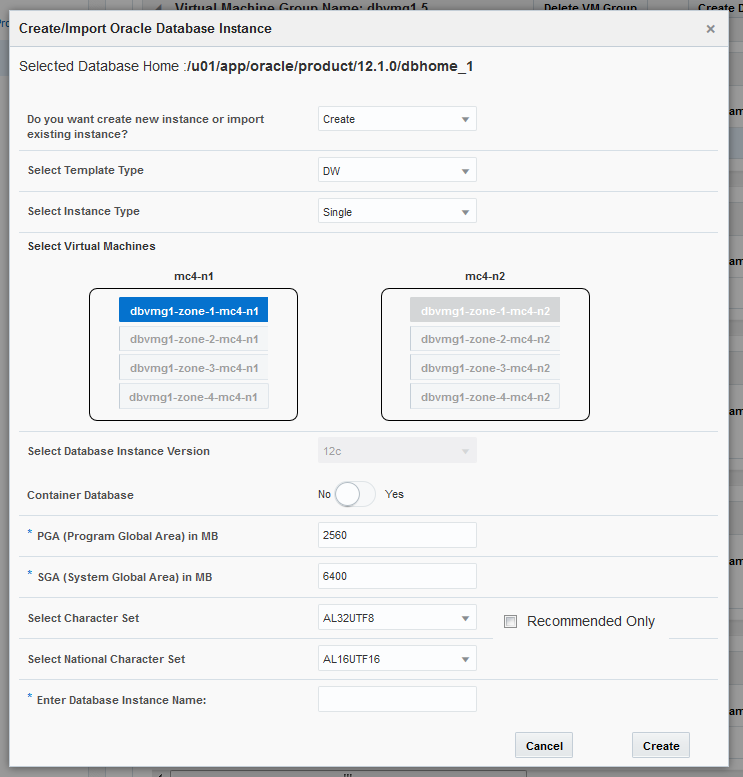 image:Captura de pantalla en la que se muestra la ventana Crear instancia de base de datos de Oracle.
