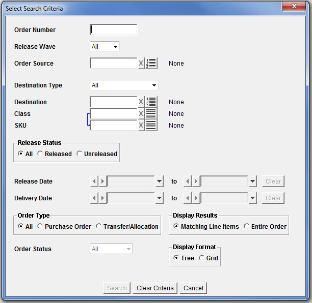 Select Search Criteria Window