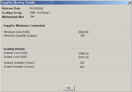 Supplier Scaling Details window