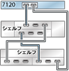 image:1 つのチェーン内で混在型ディスクシェルフ 2 台に接続された HBA 1 基を搭載する 7120 スタンドアロンコントローラ (上部が DE2-24) を示す図