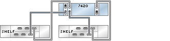 image:7420 독립형 컨트롤러의 HBA 3개가 DE2-24 Disk Shelf 2개에 2줄 체인으로 연결된 모습을 보여주는 그림