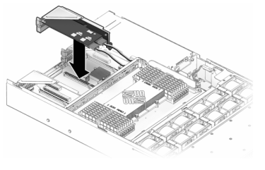 image:7120 또는 7320 컨트롤러 PCIe 카드 라이저를 설치하는 방법을 보여주는 그림