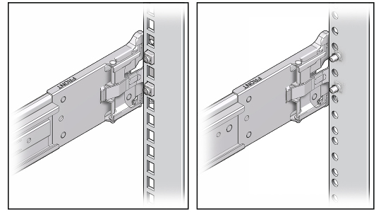 image:Illustration présentant la glissière alignée sur les trous de montage carrés du rack