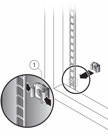 image:Illustration présentant l'insertion de l'écrou cage dans le support pour rail du rack de gauche