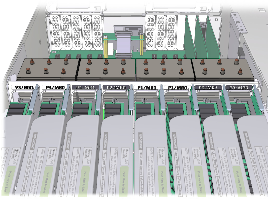 image:Illustration montrant l'étiquetage des CPU et des cartes riser de mémoire dans le serveur.