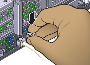 image:Hand removing RJ-45 cable from the back of a controller.                                     Palm faces downward, thumb and middle finger hold the sides of                                     the plug while index finger presses down on the release tap at                                     the top of the plug.
