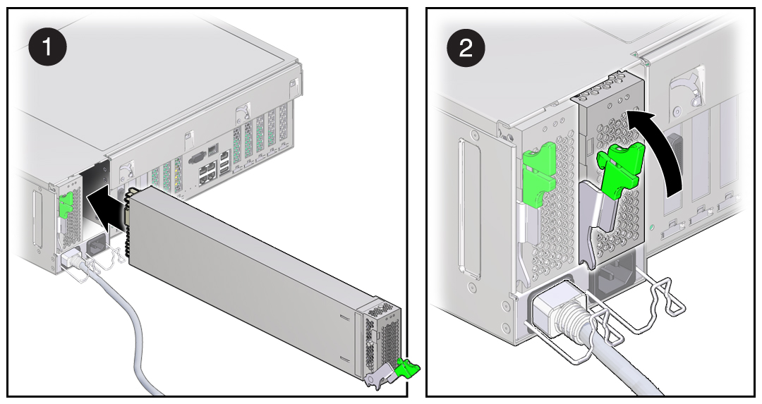 image:A multistep illustration showing how to install a power supply                                 in the server.