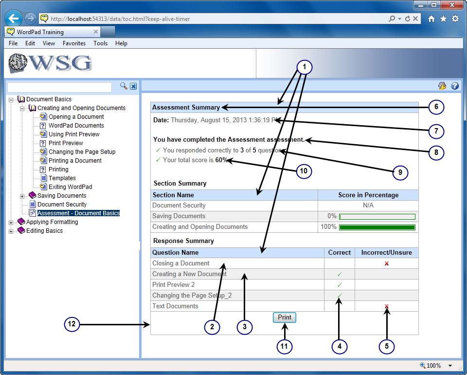 The assessment.jpg graphic shows customizations to the Concept Pane for an assessment. Customizations to the top area known as the Question Summary includes Question Summary Header color, date, and text. Customizations to the bottom area known as the Response Summary include the table elements such as the correct and incorrect answer icons and Print button.