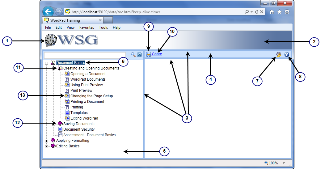 The image toc.jpg displays the three customizable areas of the Player interface; Header, Outline, and Concept pane. The top of the image shows customizations to the Header area across the top of the Player. You can change the logo in the top left and the header background color. The background is a gradient with blue on the right fading to white on the left. In the Outline pane, left side of the Player, you can customize icons that display in the outline. In the Concept pane, the right side of the Player, you can customize Share link, Help and Preference icon that appear at the top of the Concept Pane. You can also customize the Concept Pane header color and divider lines. 
