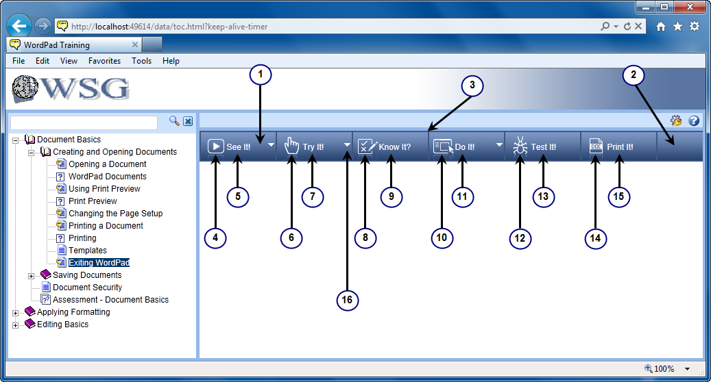 The tochover.jpg graphic shows customizations that can be made to the Player Mode buttons on the top of the Concept Pane. Player modes include SeeIt! TestIt!, KnowIt?, DoIt!, and PrintIt!. You can customize the icon, text, and button color of each mode button.