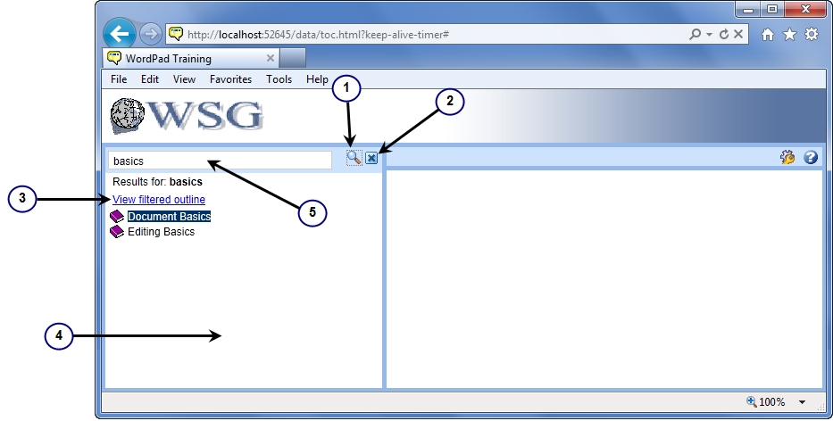 The search.jpg graphic shows customizable elements in the search and toc areas of the Outline pane on the left side of the Player. Customizations include search and clear search icons, outline background color, selected outline item and view outline links and the background color of the search results.