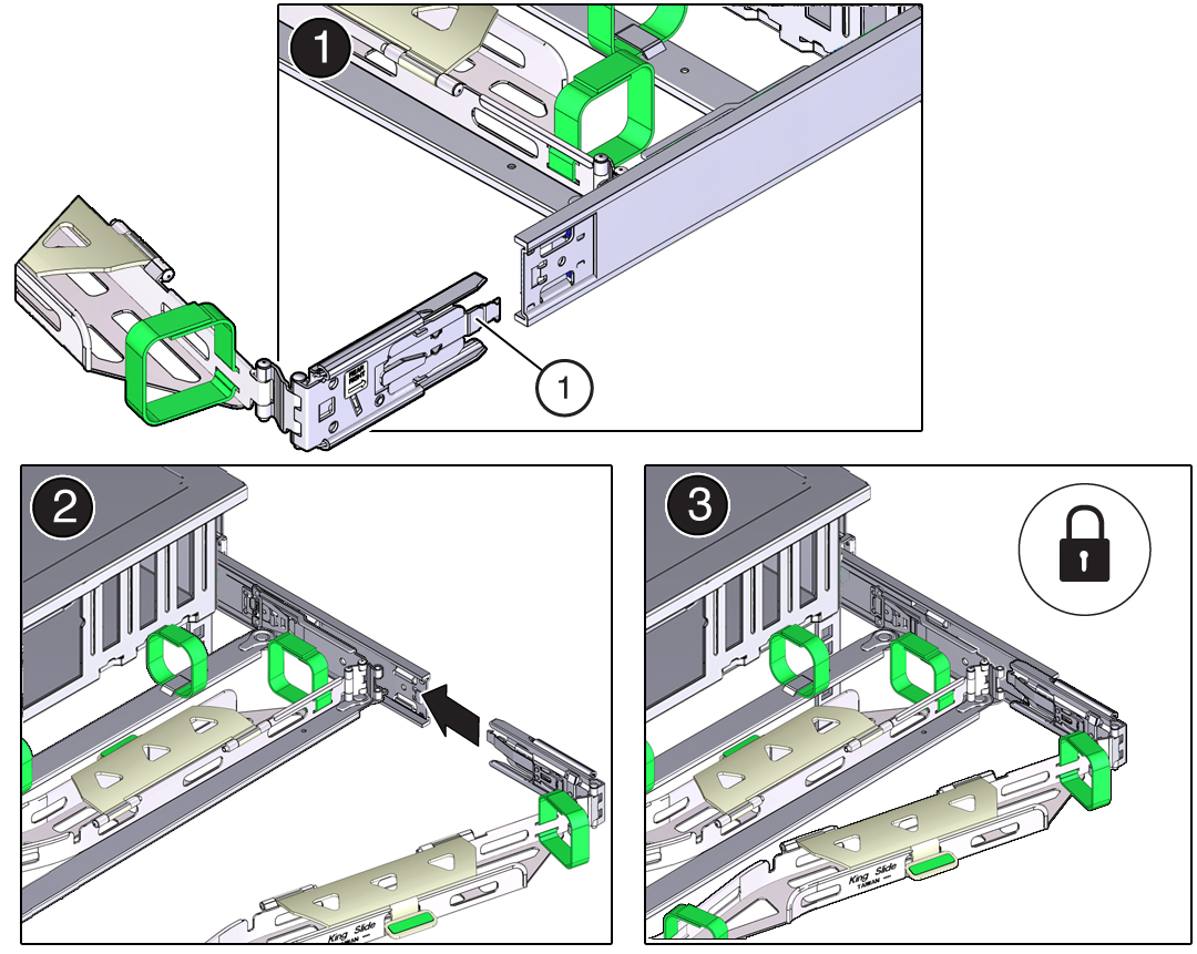 image:Figure showing how to install the CMA's connector C into                                     the right slide rail.
